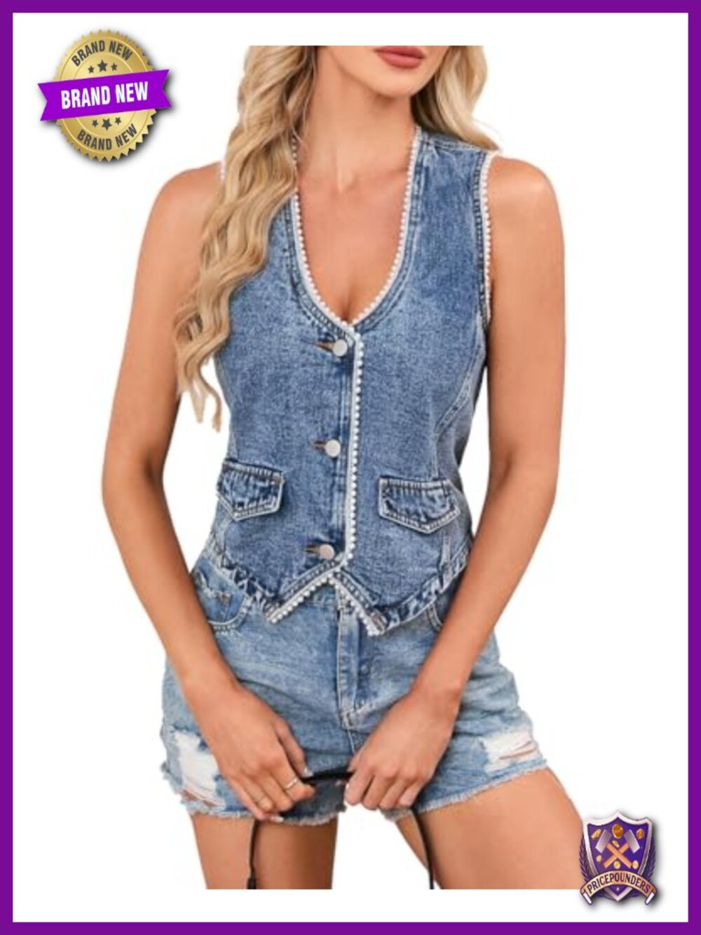 Pearl Trim Denim Vest V-Neck Button Front Cropped Sleeveless